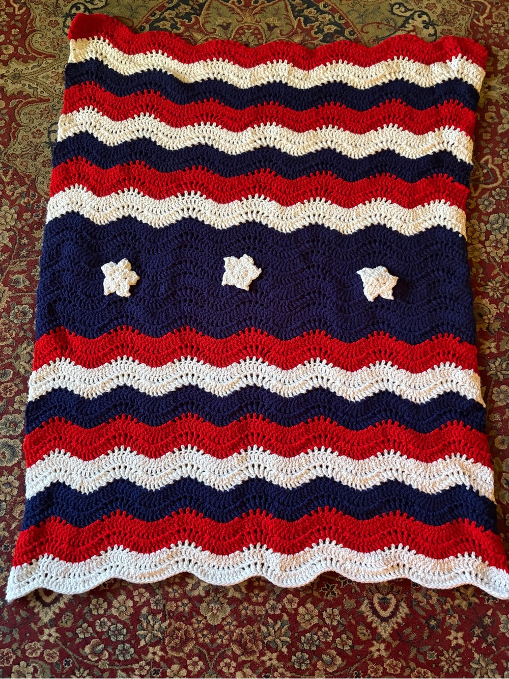 Handmade Crochet Red White & Navy Chevron Blanket with Stars